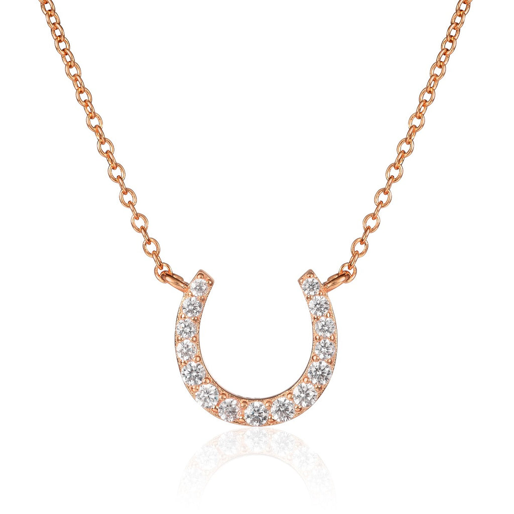 Rose Gold Plated Sterling Silver Lucky Horseshoe Pendant Necklace With Cubic Zirconia