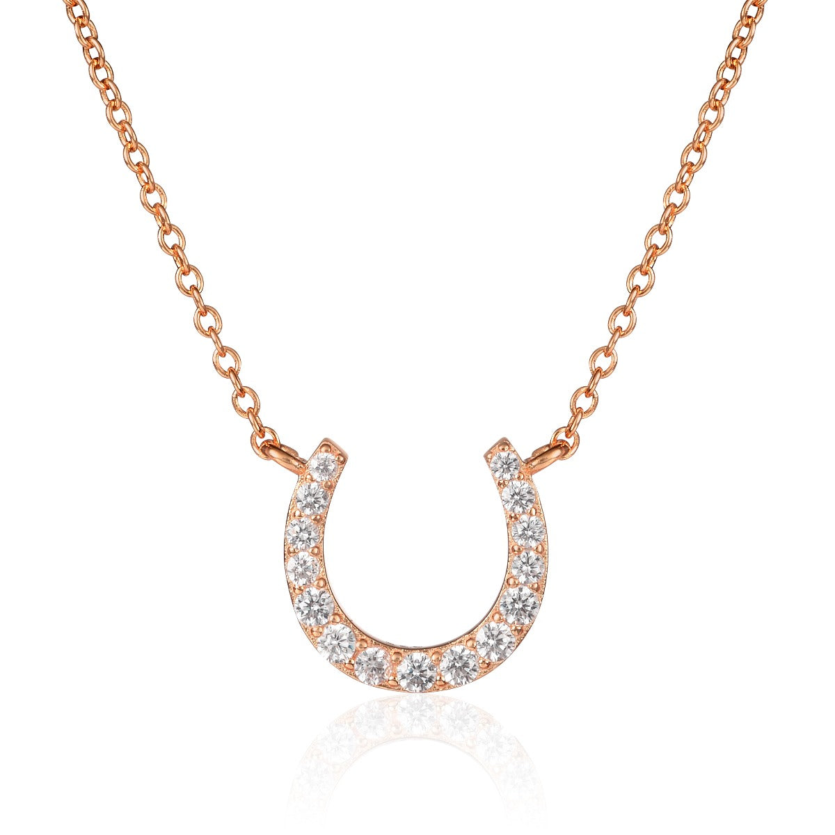 Rose Gold Plated Sterling Silver Lucky Horseshoe Pendant Necklace With Cubic Zirconia