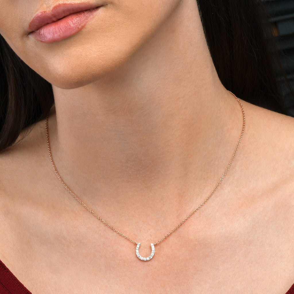 Rose Gold Plated Sterling Silver Lucky Horseshoe Pendant Necklace With Cubic Zirconia