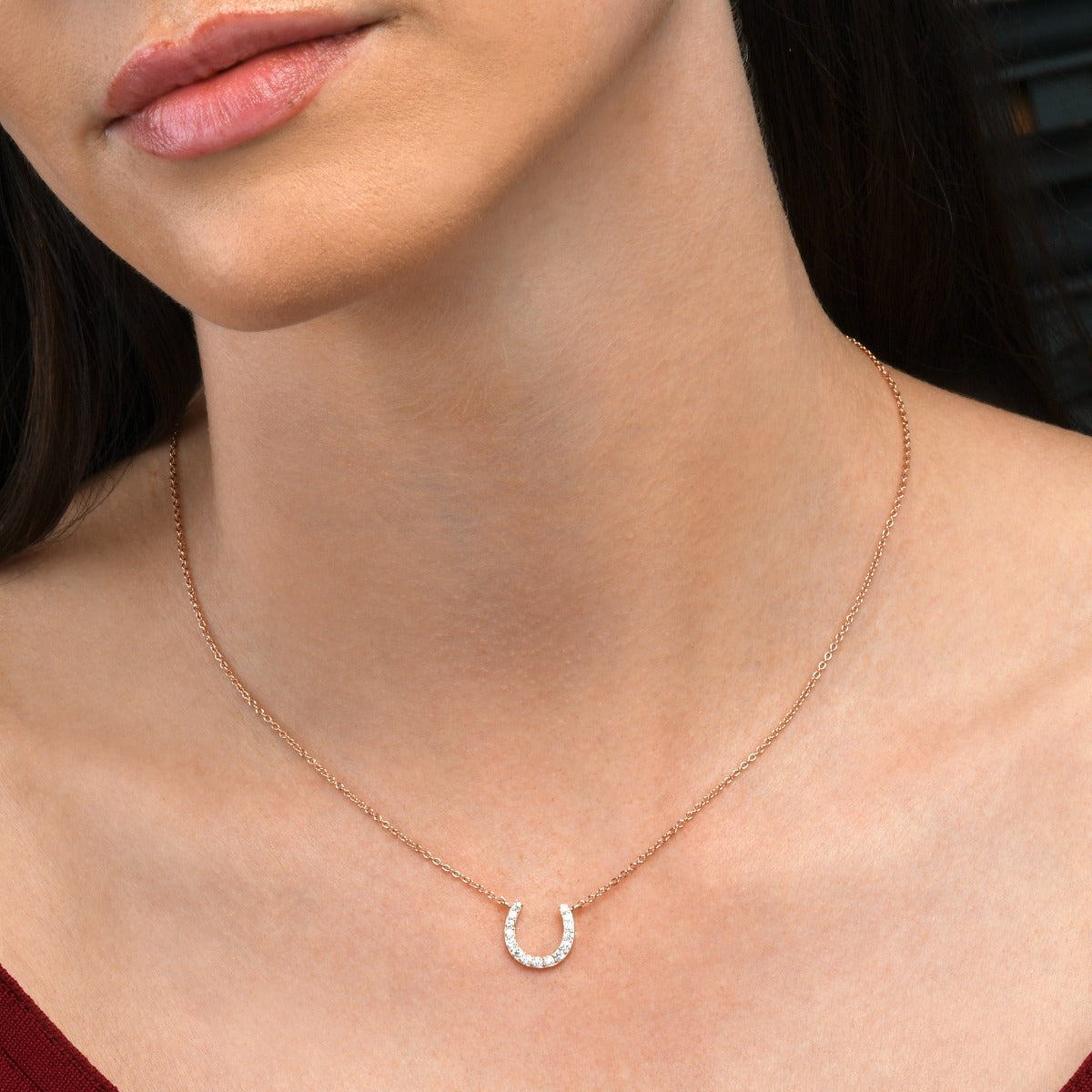 Rose Gold Plated Sterling Silver Lucky Horseshoe Pendant Necklace With Cubic Zirconia