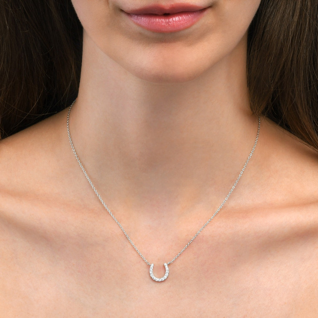 Sterling Silver Lucky Horseshoe Pendant Necklace With Cubic Zirconia