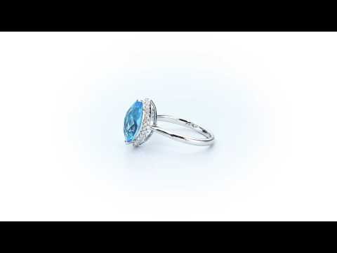 Marquise Blue Topaz Ring 6x12mm Topaz 0.13ct Diamonds 18K White Gold