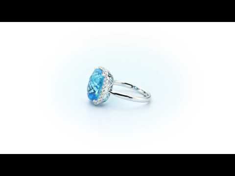 Cushion Blue Topaz Ring 9x12mm Topaz & 0.21ct Diamonds 18K White Gold