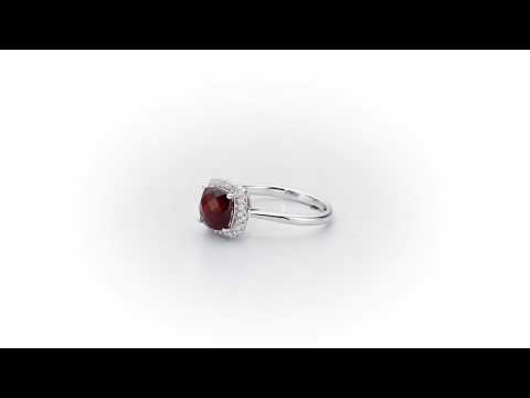 Garnet Ring 7x7mm Cushion Garnet 0.15ct Diamonds 18K White Gold
