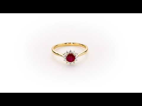 Ruby Ring 5mm Round Ruby & 0.18ct Diamond Halo in 18K Yellow Gold