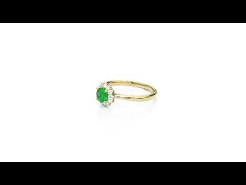 Emerald Ring 5mm Round Emerald & 0.18ct Diamond Halo 18K Yellow Gold