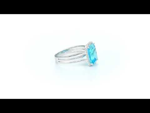 Emerald Cut 3.70ct Blue Topaz & Diamond Ring in 18K White Gold