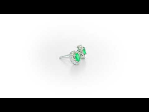 Oval Emerald Stud Earrings with 0.18ct Diamonds 18K White Gold