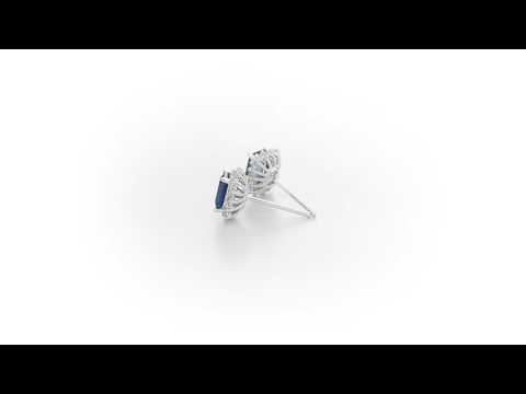 Octagon Sapphire Stud Earrings 0.28ct Diamond Halo 18K White Gold