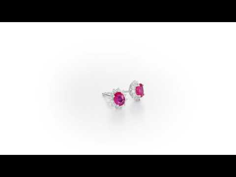 Oval Ruby Stud Earrings with 0.23ct Diamond Halo 18K White Gold