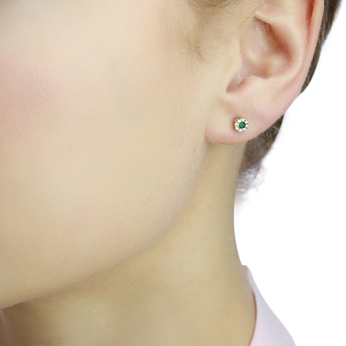 0.10ct Emerald Stud Earrings with Diamond Halo 9K Yellow Gold