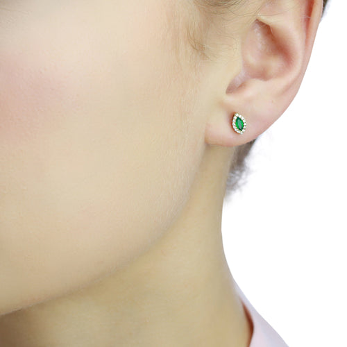 Marquise Emerald and 0.08ct diamond stud earrings in 18K yellow gold 