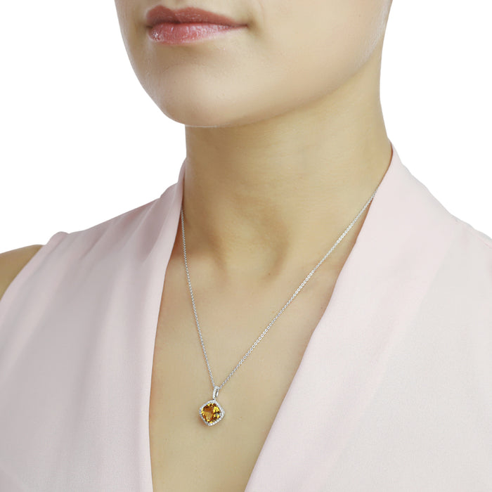 2.15ct Cushion Citrine Pendant Necklace With Diamonds 9K White Gold