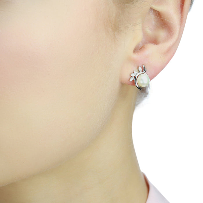 Freshwater Pearl Diamond Earrings 0.17ct Diamond 18K White Gold