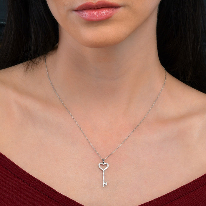 Diamond Key Pendant Necklace 0.28ct Diamond 9K White Gold