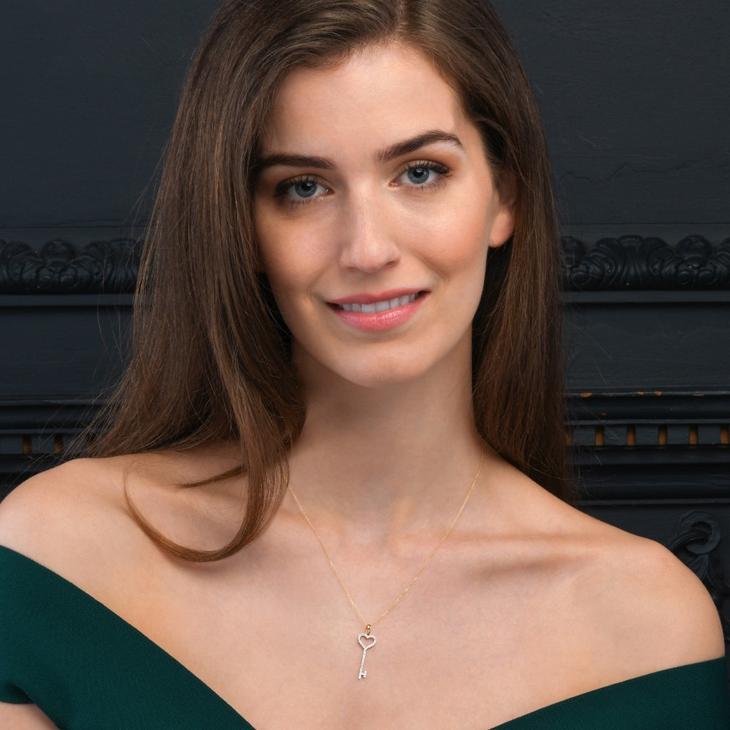 Diamond Key Pendant Necklace 0.28ct Diamond 9K Yellow Gold