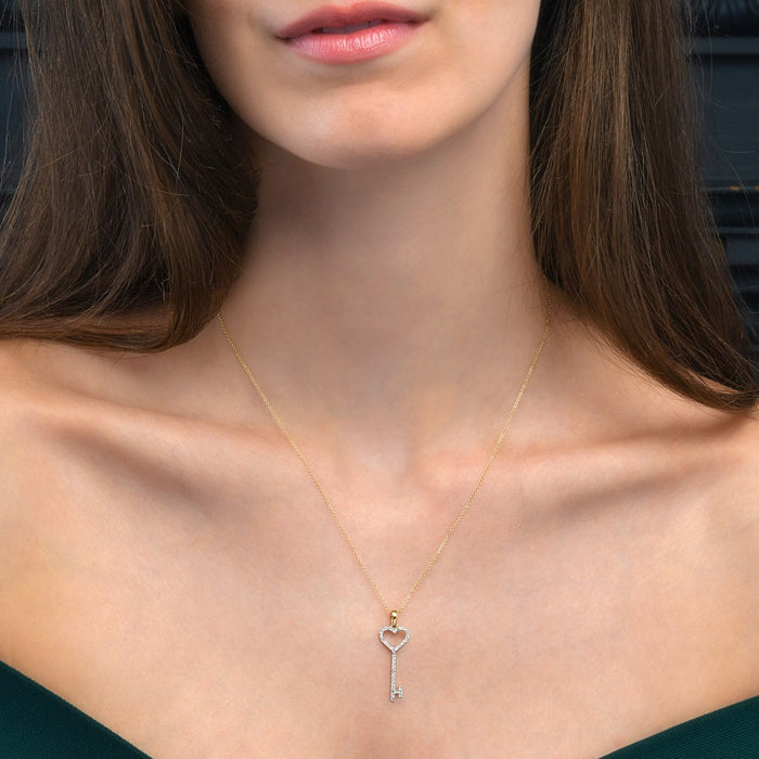 Diamond Key Pendant Necklace 0.28ct Diamond 9K Yellow Gold