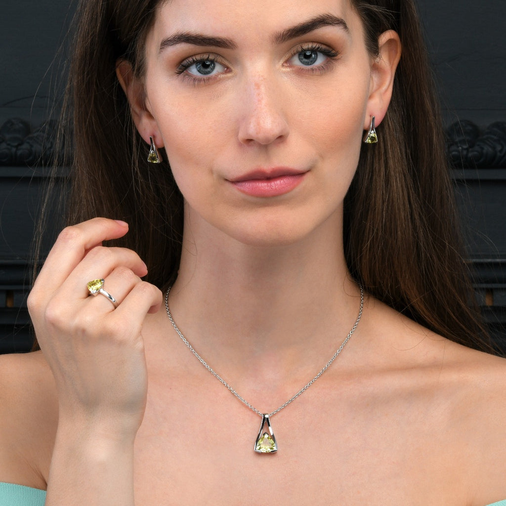Trillion Cut Lemon Quartz Pendant Necklace in Sterling Silver