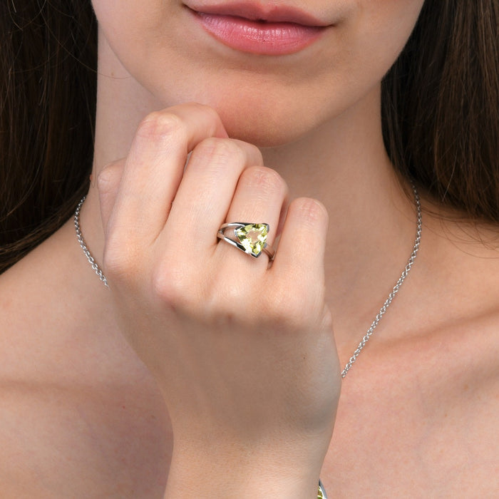 Sterling Silver Ring with a Trillion Cut Lemon Quartz Gemstone