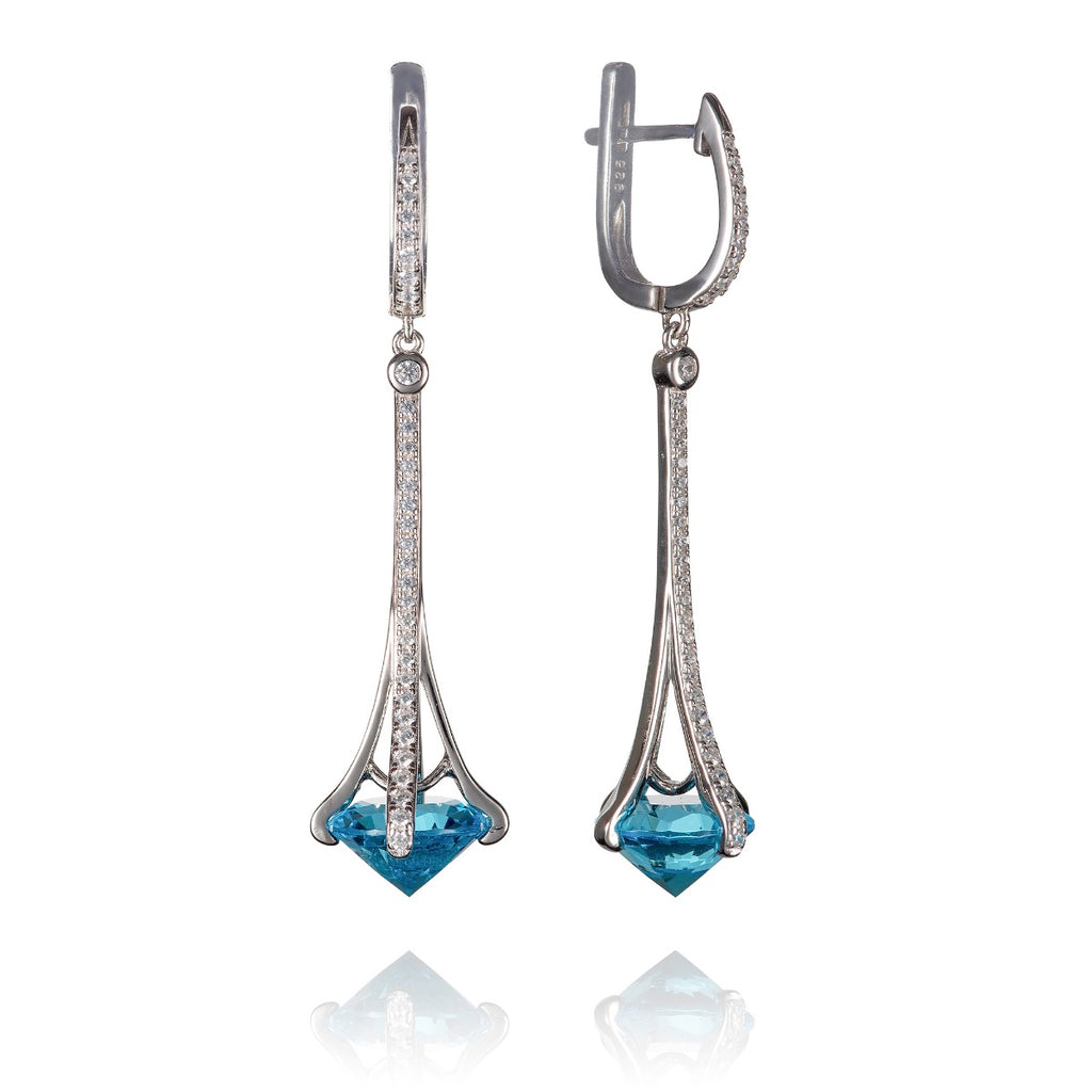 long dangle earrings for women in 925 sterling silver with sky blue stones