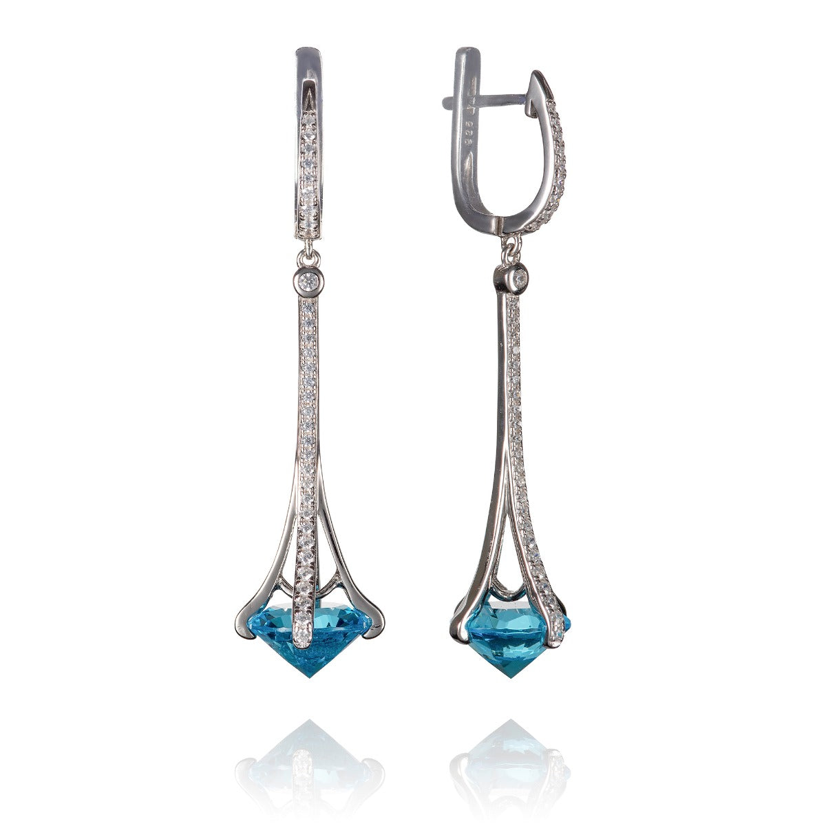 long dangle earrings for women in 925 sterling silver with sky blue stones