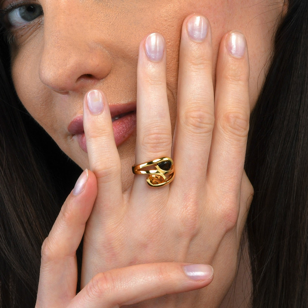 Smoky Quartz and Citrine Ring in Gold Vermeil