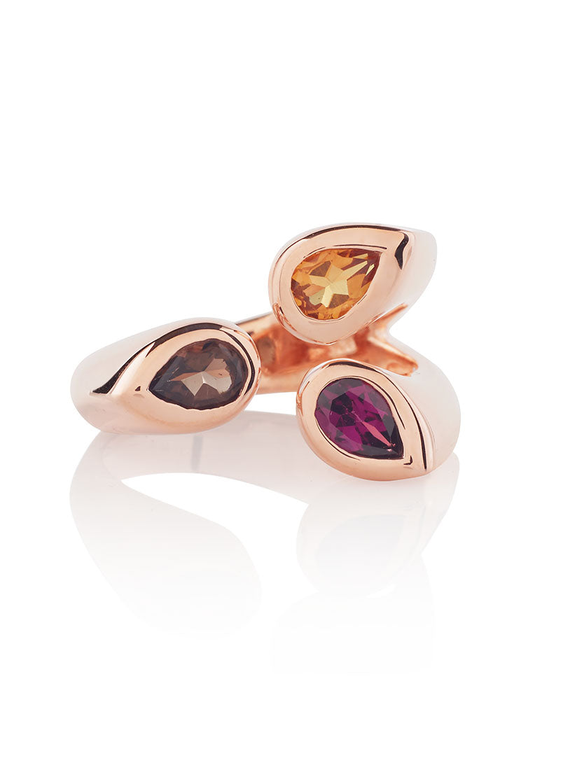 Rose Gold Vermeil Ring in Silver with Smoky Quartz, Citrine and Rhodolite Gemstones