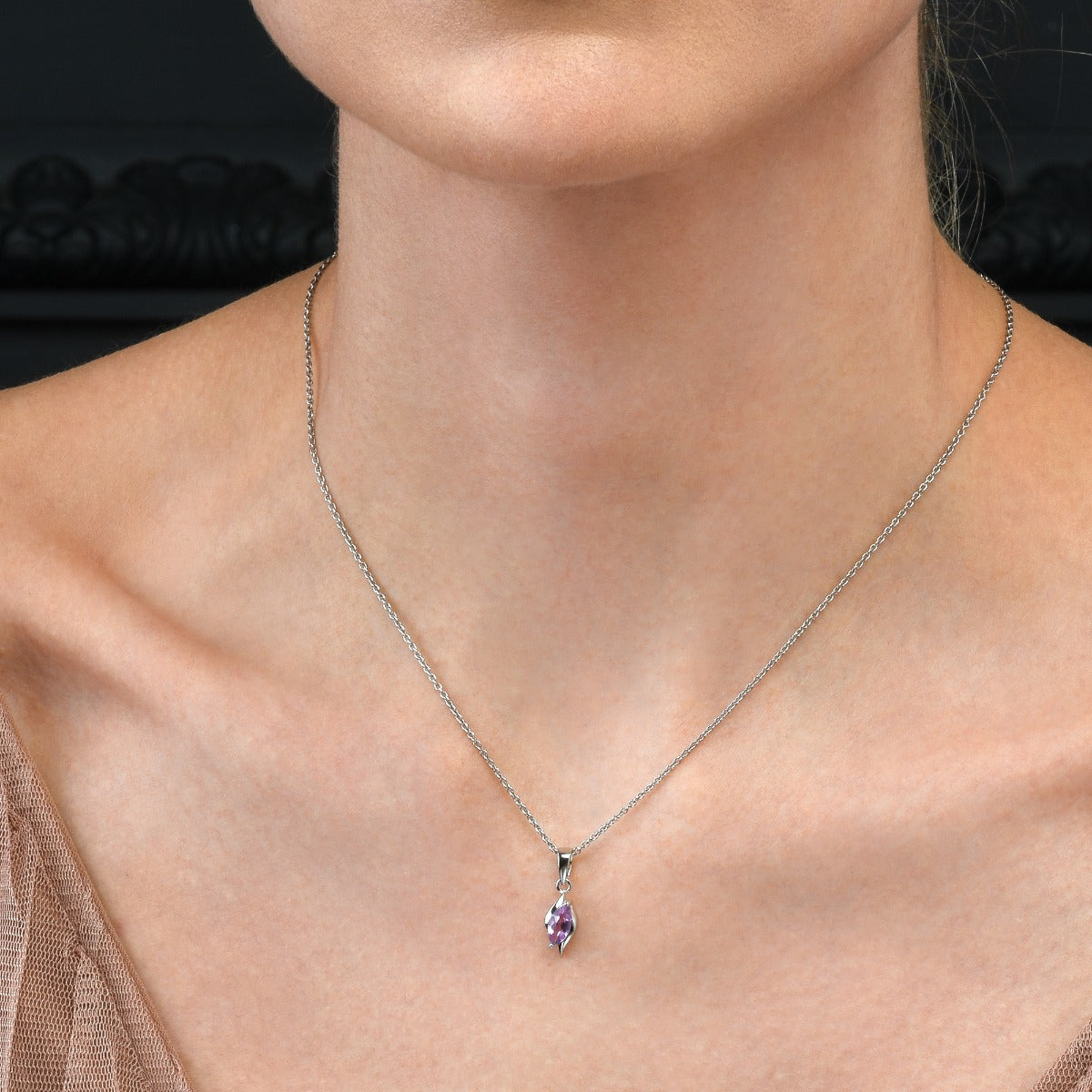 Marquise Shaped Amethyst Pendant Necklace in Sterling Silver