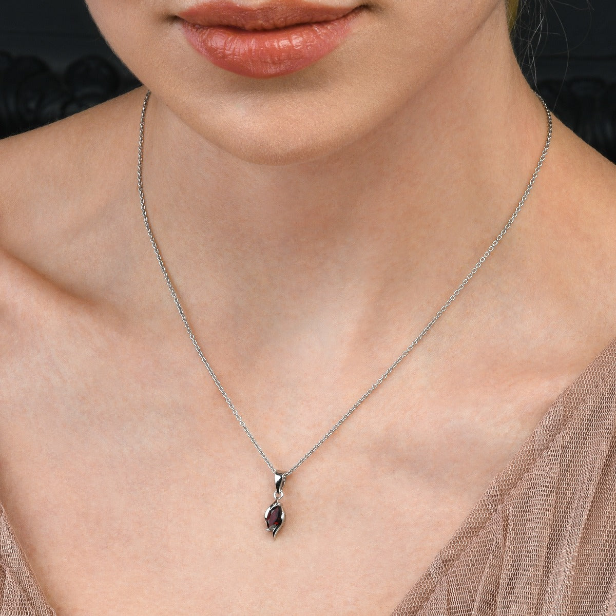 Marquise Shaped Garnet Pendant Necklace in Sterling Silver