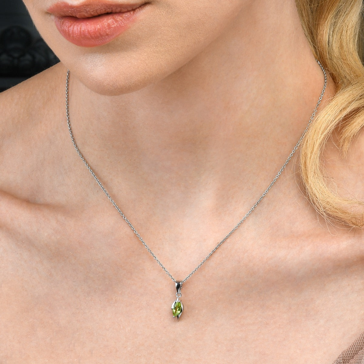 Marquise Shaped Peridot Pendant Necklace in Sterling Silver
