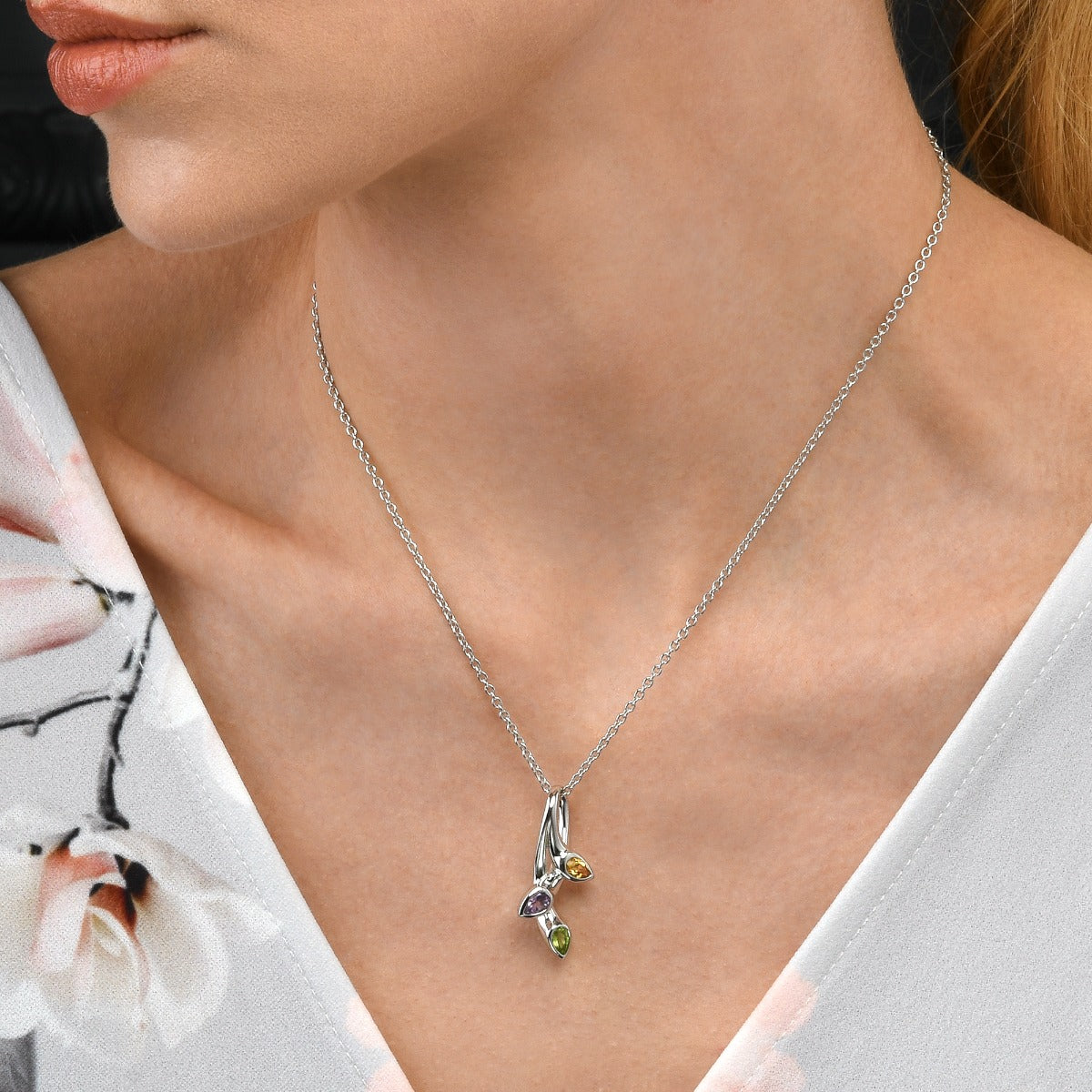 Sterling Silver Necklace with Peridot, Citrine and Amethyst Gemstones