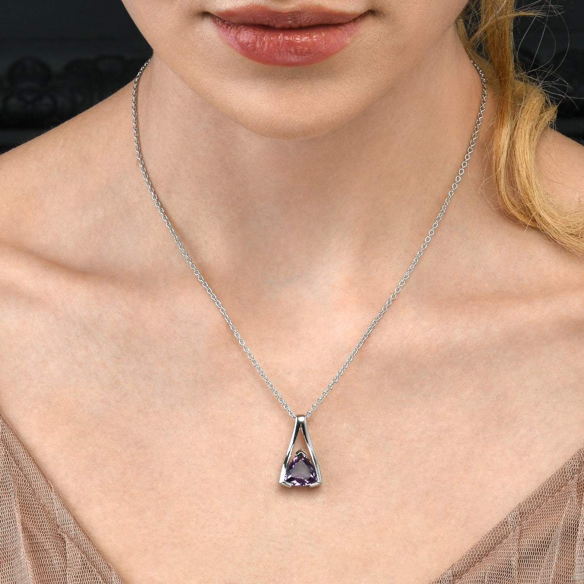 Trillion Cut Amethyst Pendant Necklace in Sterling Silver