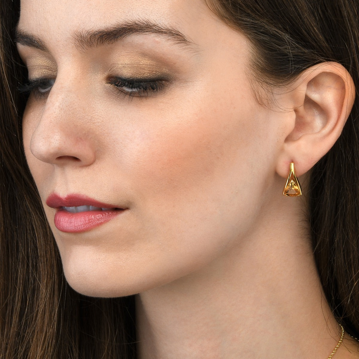 Trillion Cut Citrine Stud Earrings in Gold Plated Sterling Silver