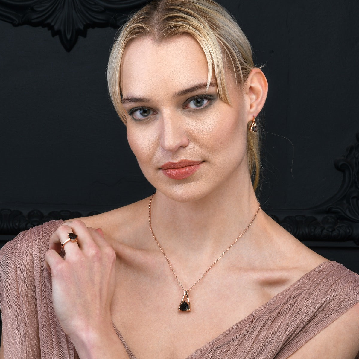 Trillion Cut Smoky Quartz Pendant Necklace in Rose Gold Plated Sterling Silver