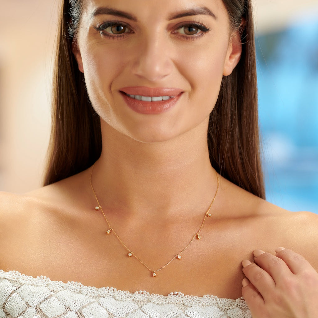 Diamond Charm Necklace with Round and Pear Shaped Diamond Charms 0.18ct Diamond Necklace In 18K Yellow Gold