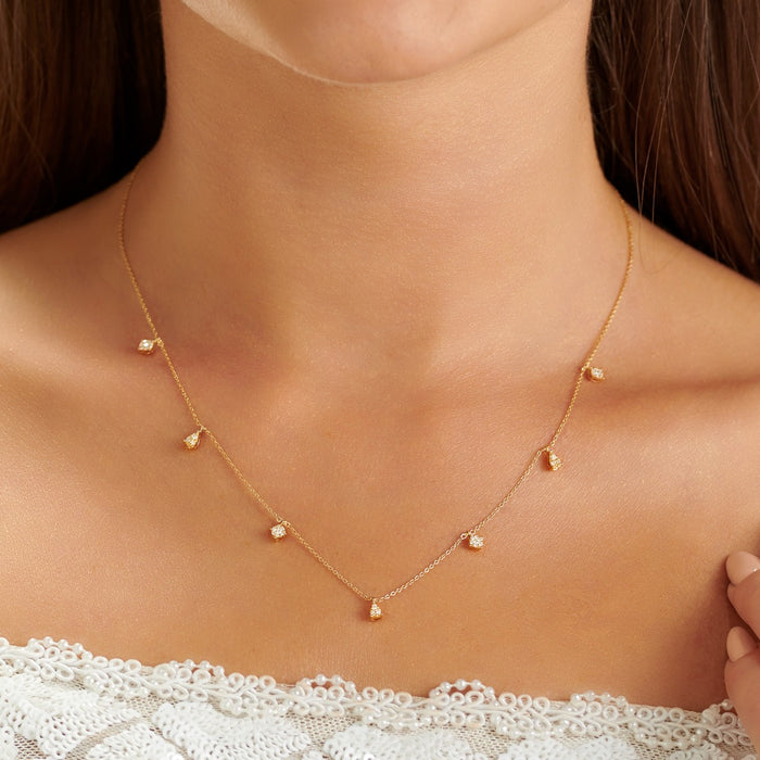 Diamond Charm Necklace with Round and Pear Shaped Diamond Charms 0.18ct Diamond Necklace In 18K Yellow Gold