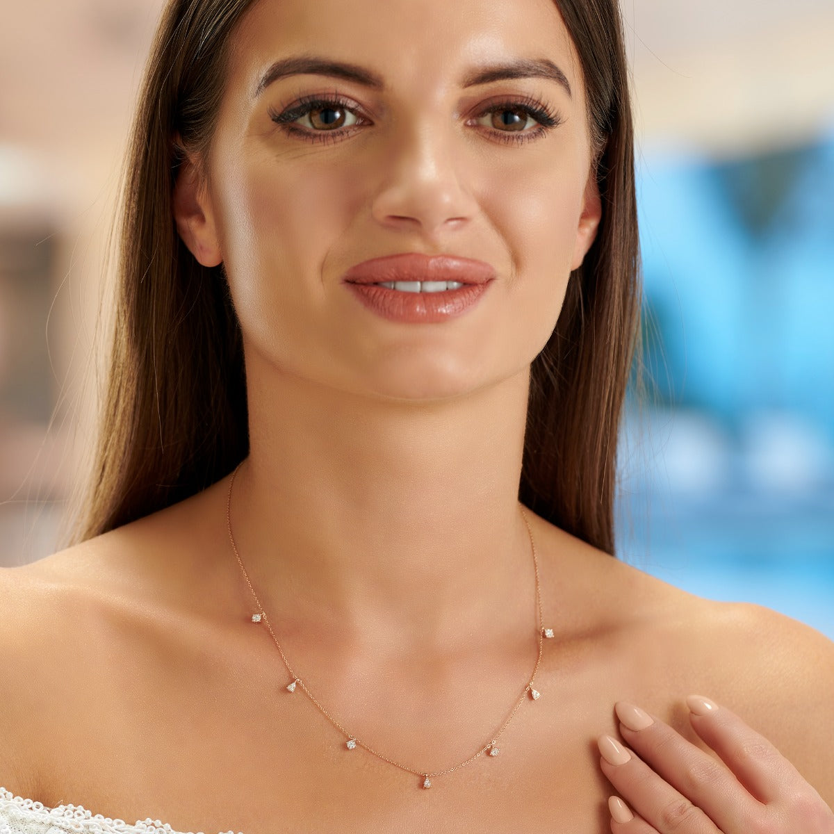 Diamond Charm Necklace with Round and Pear Shaped Diamond Charms 0.18ct Diamond Necklace In 18K Rose Gold
