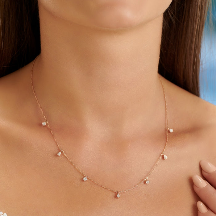 Diamond Charm Necklace with Round and Pear Shaped Diamond Charms 0.18ct Diamond Necklace In 18K Rose Gold