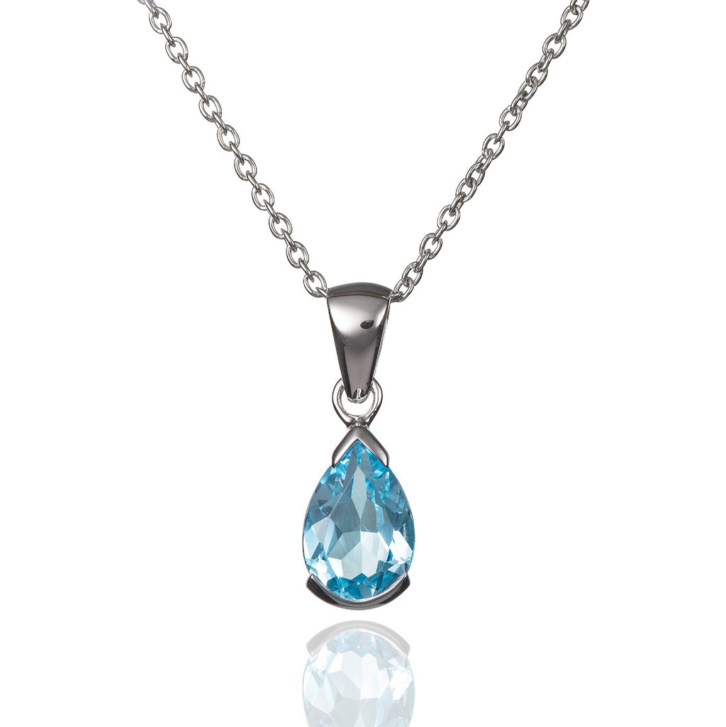 Pear Shaped Blue Topaz Pendant Necklace in Sterling Silver