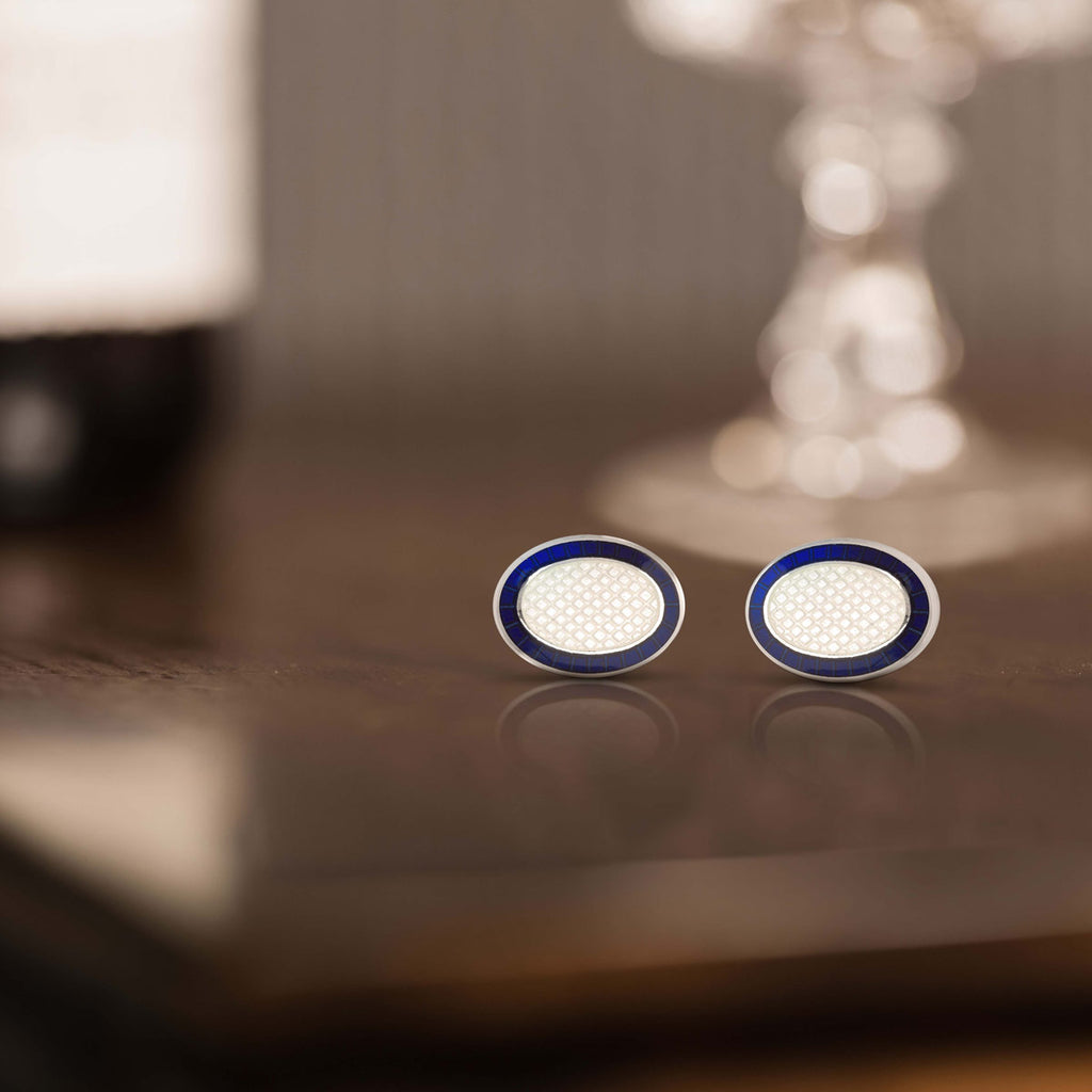 Sterling Silver Oval Cufflinks With Blue Enamel By Deakin & Francis
