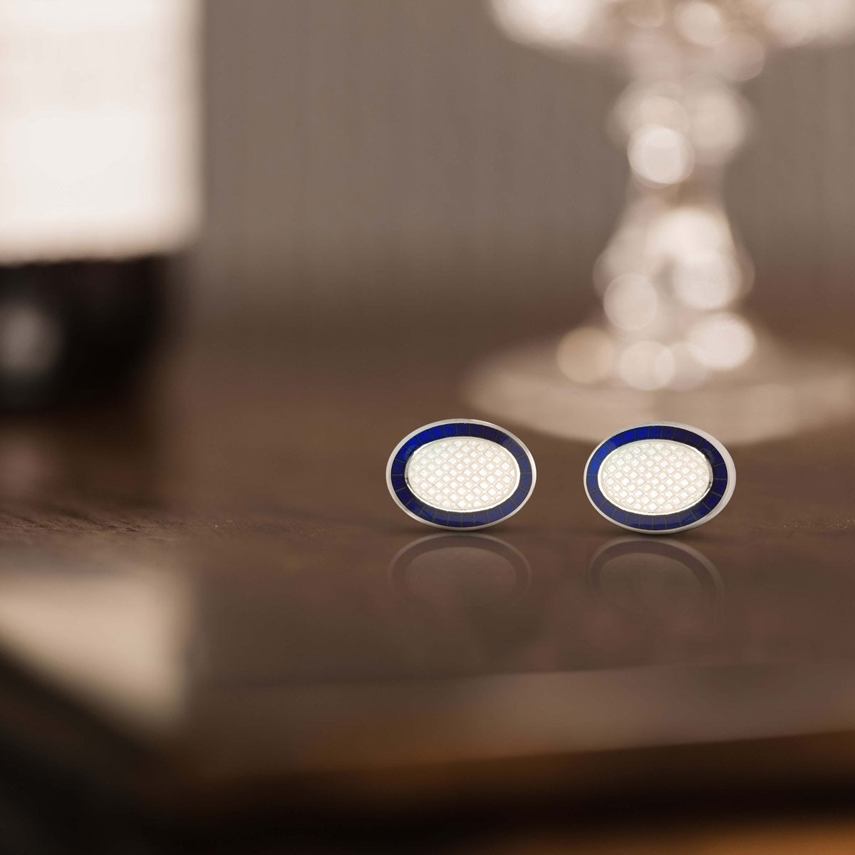 Sterling Silver Oval Cufflinks With Blue Enamel By Deakin & Francis