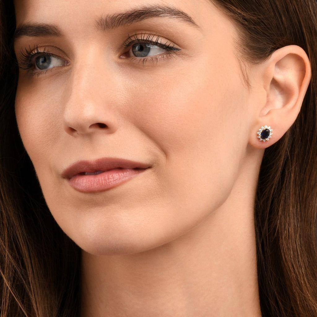 Gold Plated Sterling Silver Oval Blue Halo Stud Earrings