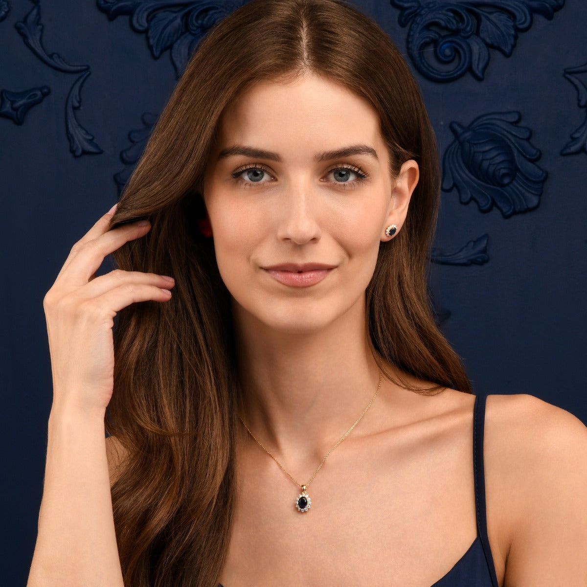 Gold Plated Sterling Silver Blue Oval Halo Pendant Necklace
