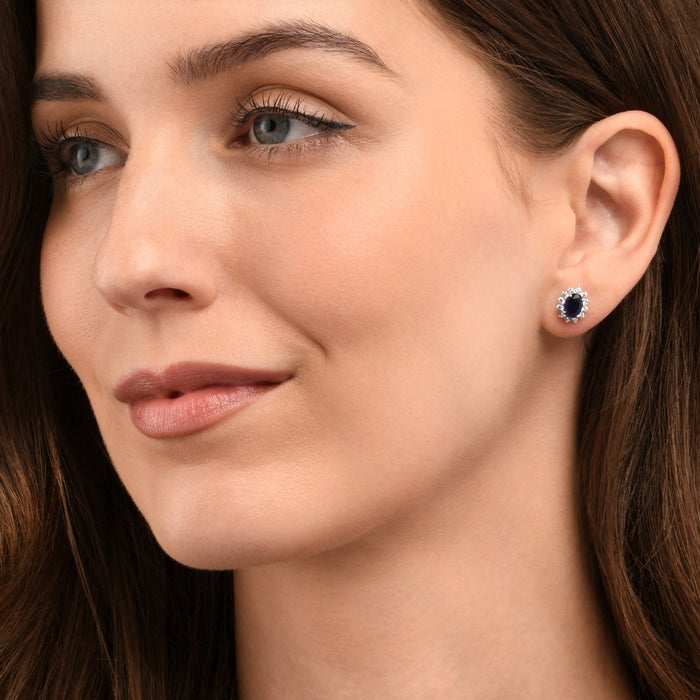 Sterling Silver Oval Shaped Blue Halo Stud Earrings