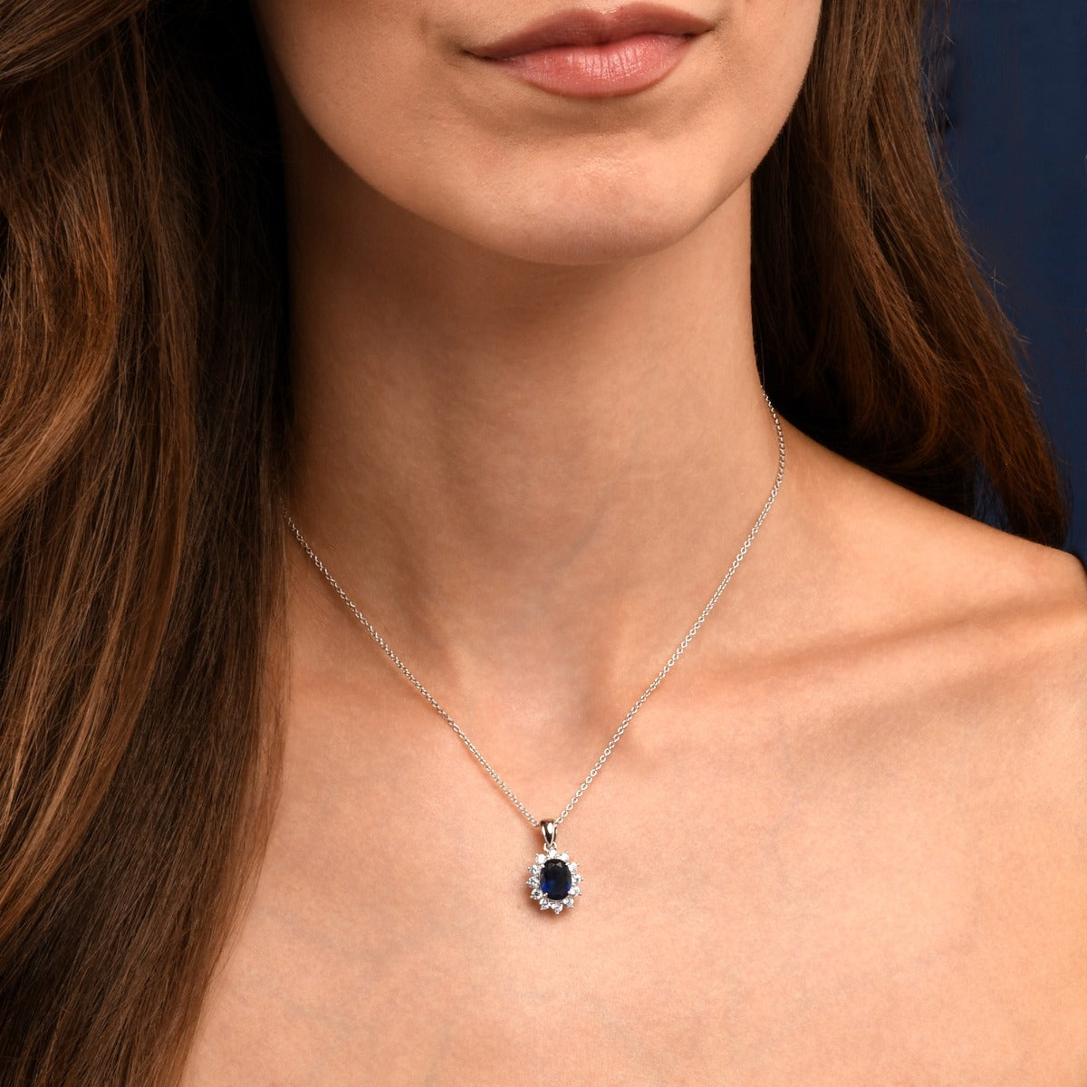 Sterling Silver Blue Oval Halo Pendant Necklace