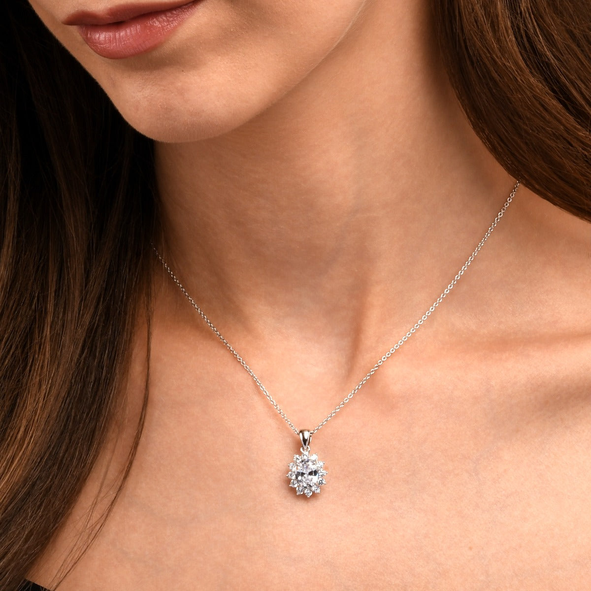 Sterling Silver Oval Shaped Cubic Zirconia Halo Pendant Necklace