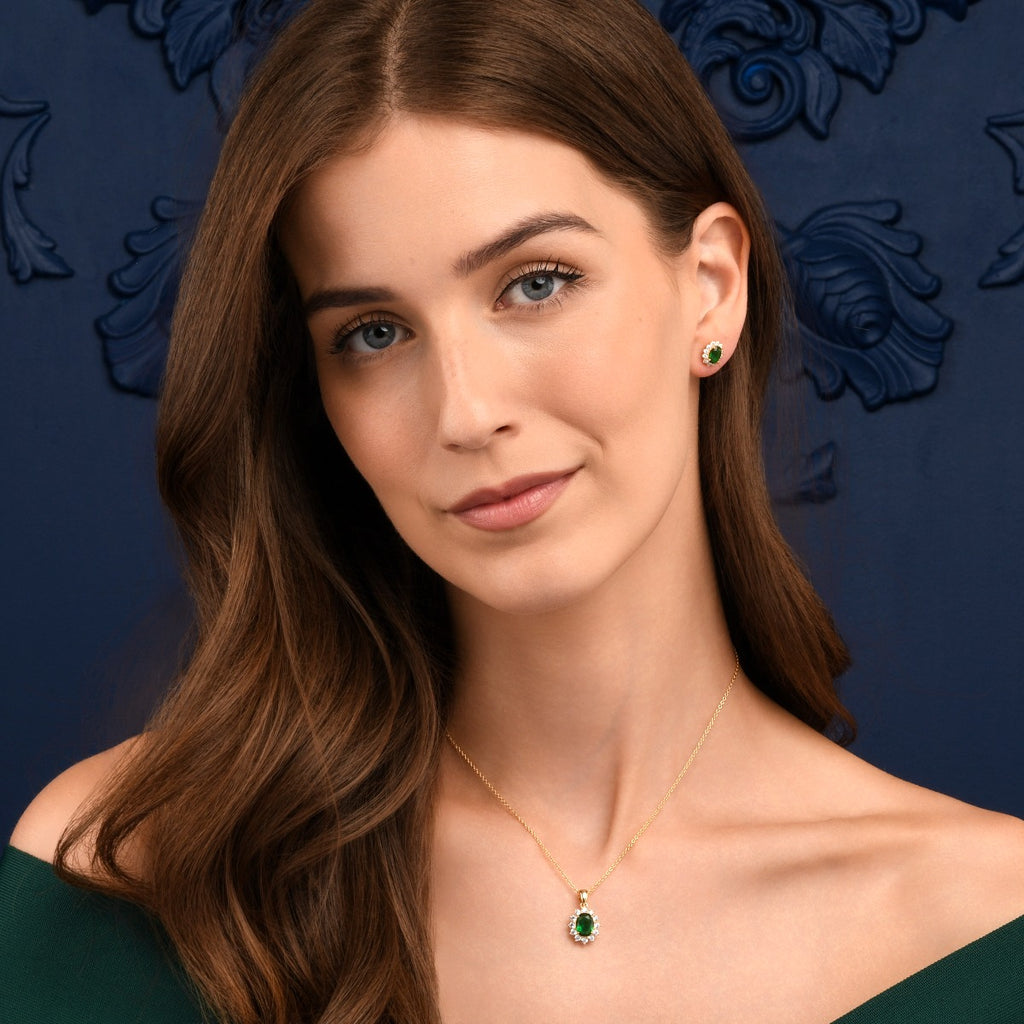 Gold Plated Sterling Silver Green Oval Halo Pendant Necklace