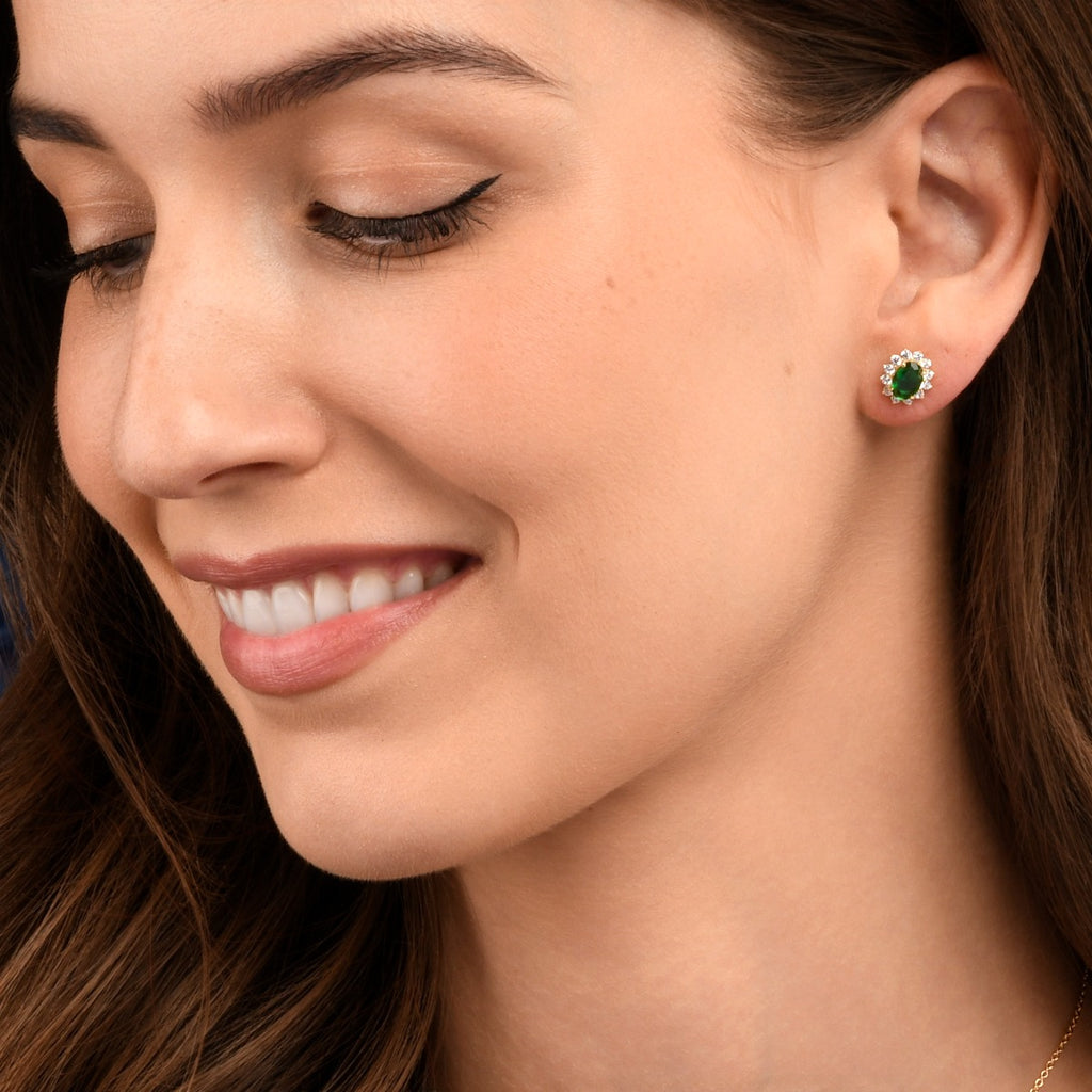 Gold Plated Sterling Silver Oval Green Halo Stud Earrings