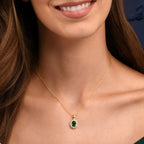 Gold Plated Sterling Silver Green Oval Halo Pendant Necklace