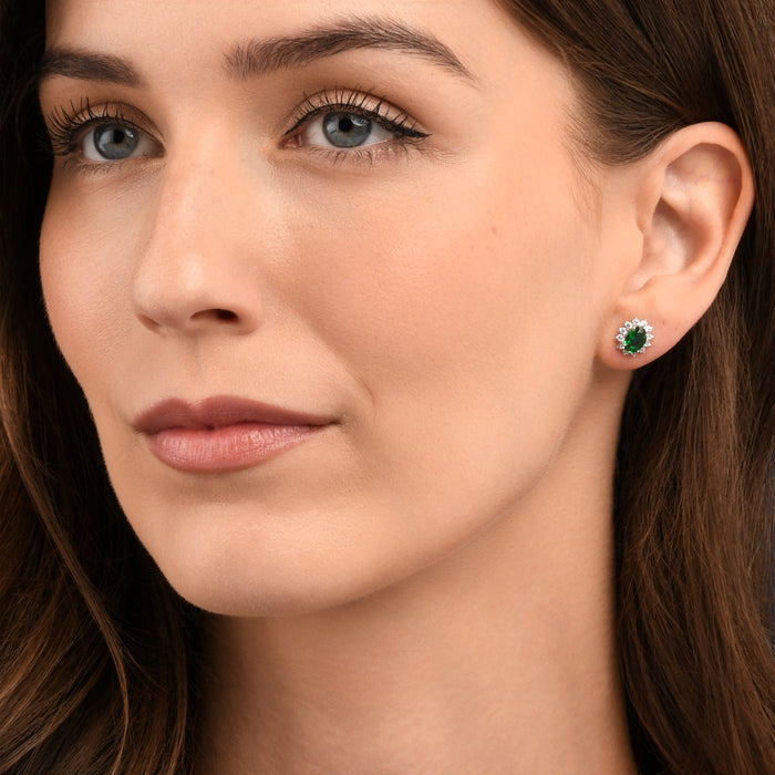 Sterling Silver Oval Shaped Green Halo Stud Earrings